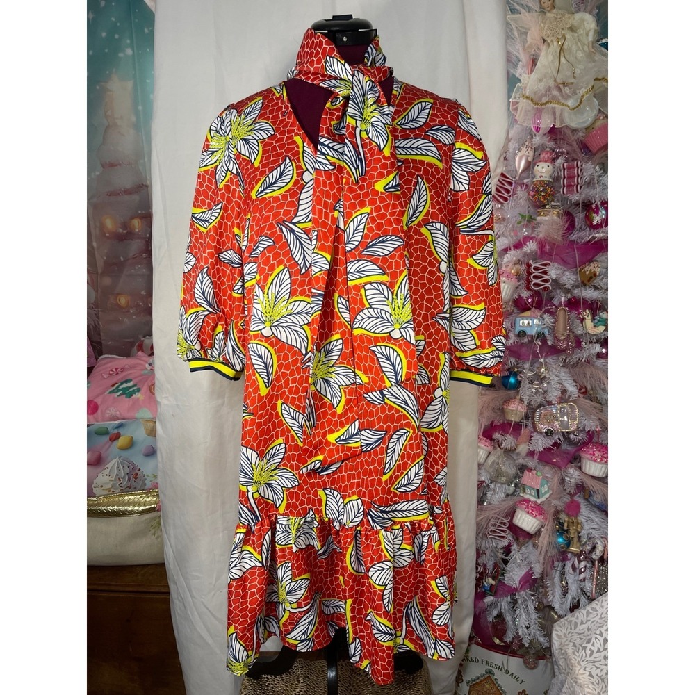 Tall Cotton Living & Co Floralh Tie Neck Dress Womens M Red‎ Ruffle Good 7841DW